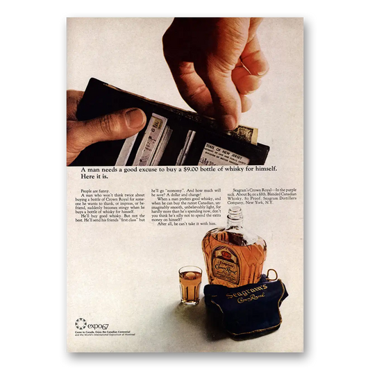 1967 Crown Royal Man Needs a Good Excuse Vintage Magazine Print Ad