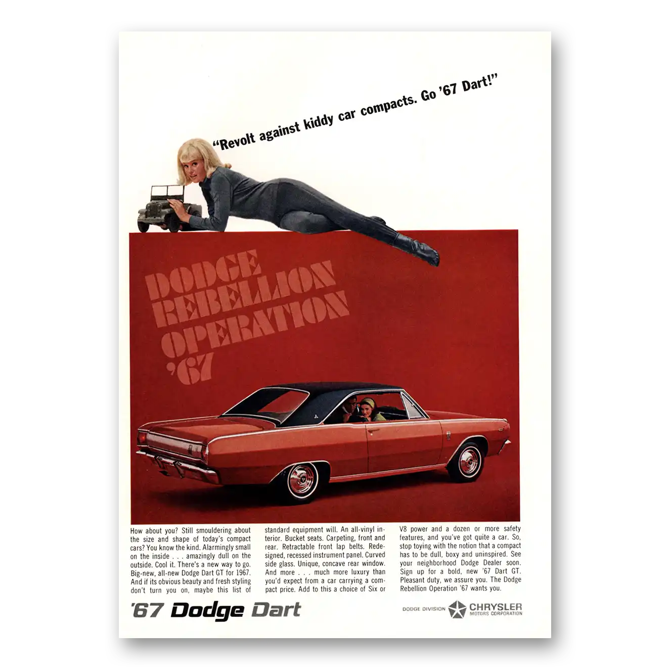 1967 Dodge Dart Revolt Against Kiddy Car Compacts Vintage Magazine Print Ad