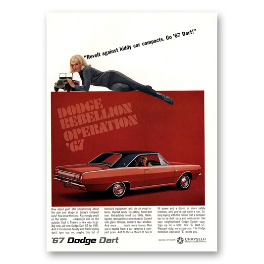 1967 Dodge Dart Revolt Against Kiddy Car Compacts Vintage Magazine Print Ad