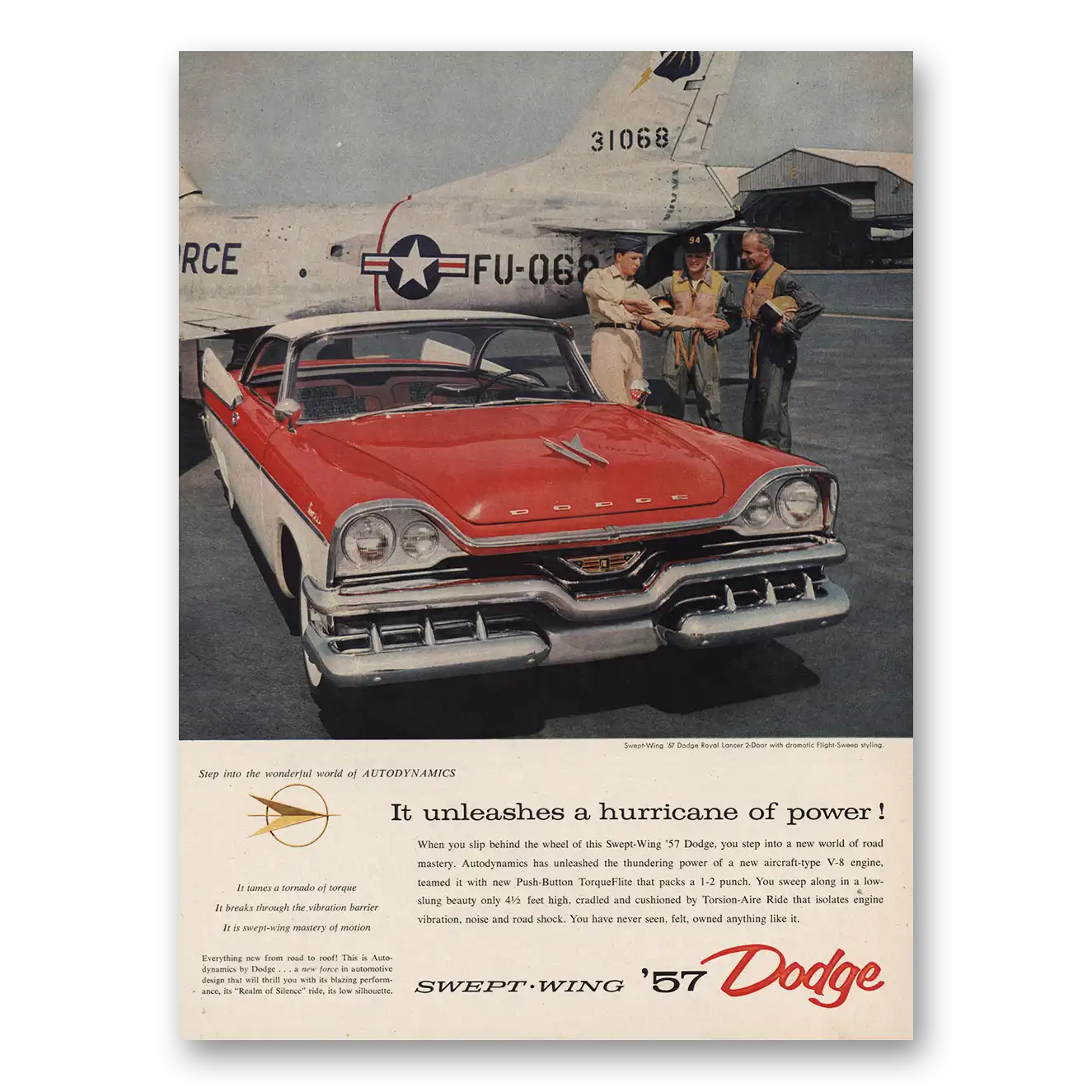 1957 Dodge Swept Wing Royal Lancer Unleashes Hurricane of Power Vintage Magazine Print Ad