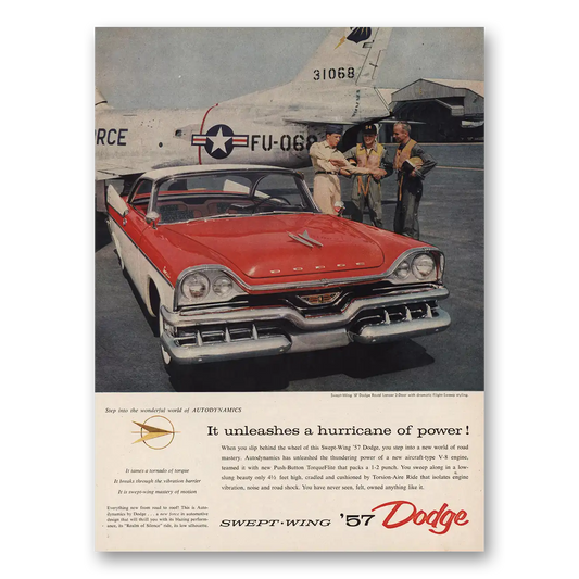 1957 Dodge Swept Wing Royal Lancer Unleashes Hurricane of Power Vintage Magazine Print Ad