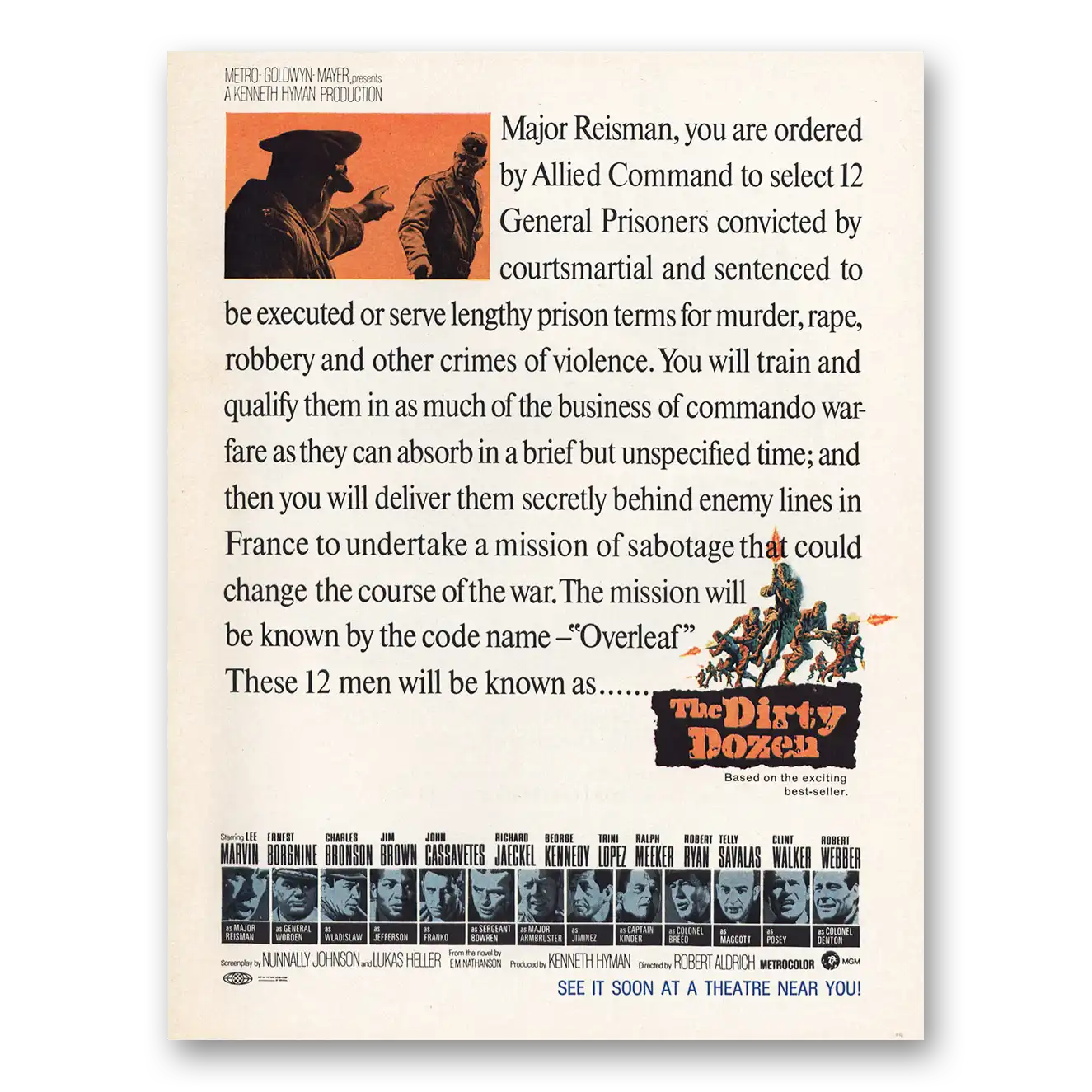 1967 The Dirty Dozen Movie Promo Marvin Borgnine Bronson Cassavetes Vintage Magazine Print Ad