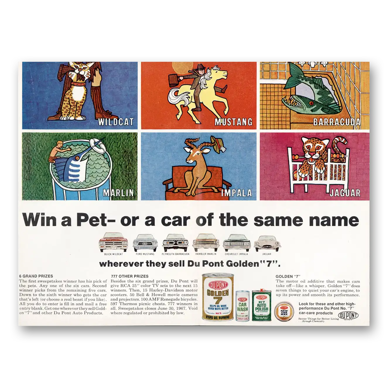 1967 DuPont Golden 7 Win a Pet Or a Car of the Same Name Vintage Magazine Print Ad