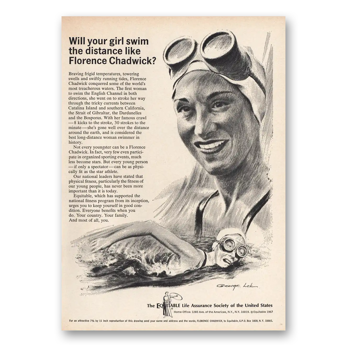 1967 Equitable Life Assurance Girl Swim the Distance Like Florence Chadwick Vintage Magazine Print Ad