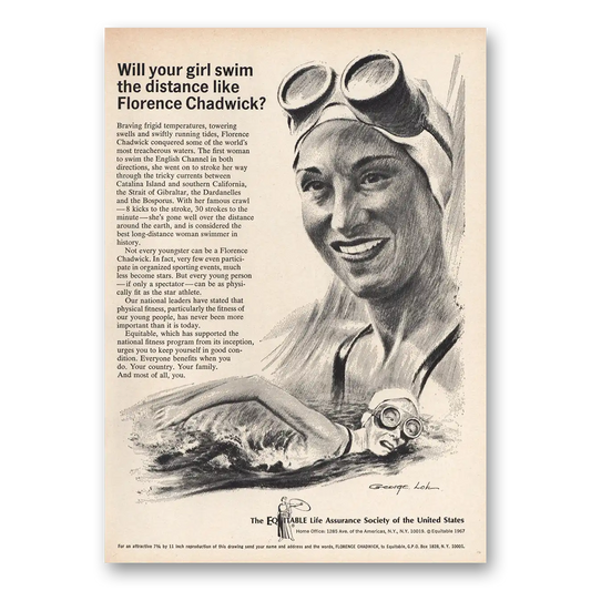 1967 Equitable Life Assurance Girl Swim the Distance Like Florence Chadwick Vintage Magazine Print Ad