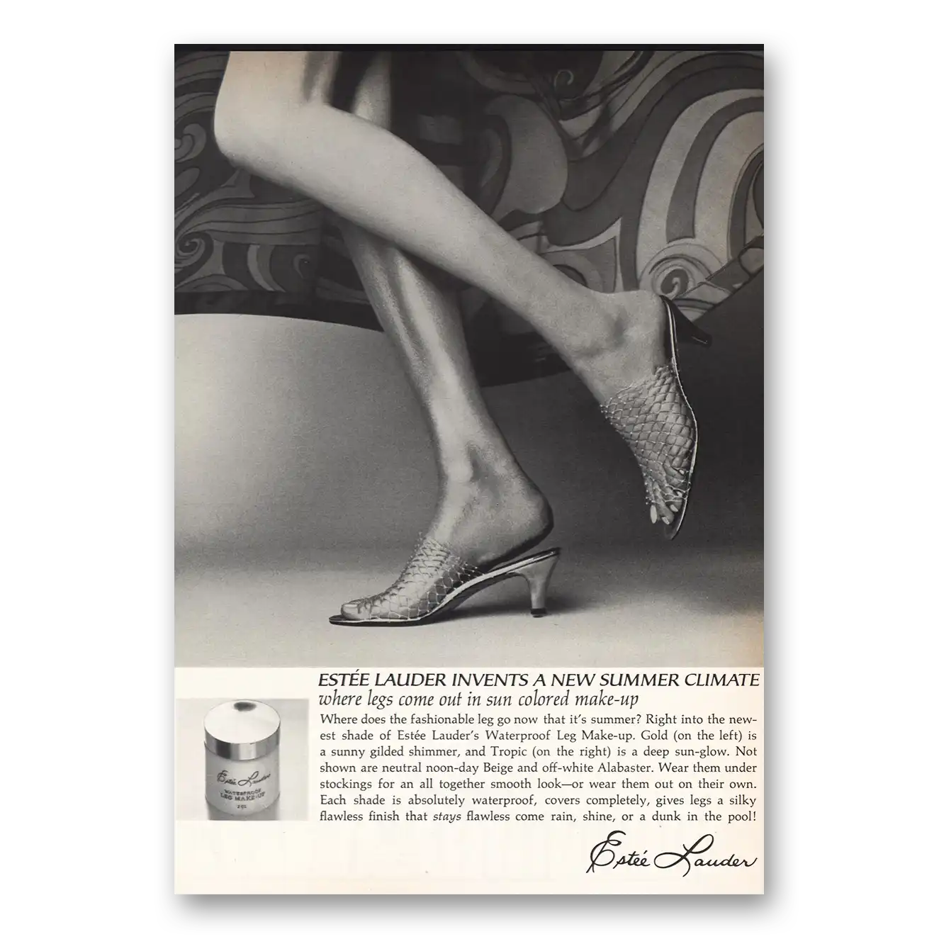 1967 Estee Lauder Legs Come In Sun Colored Make Up Vintage Magazine Print Ad