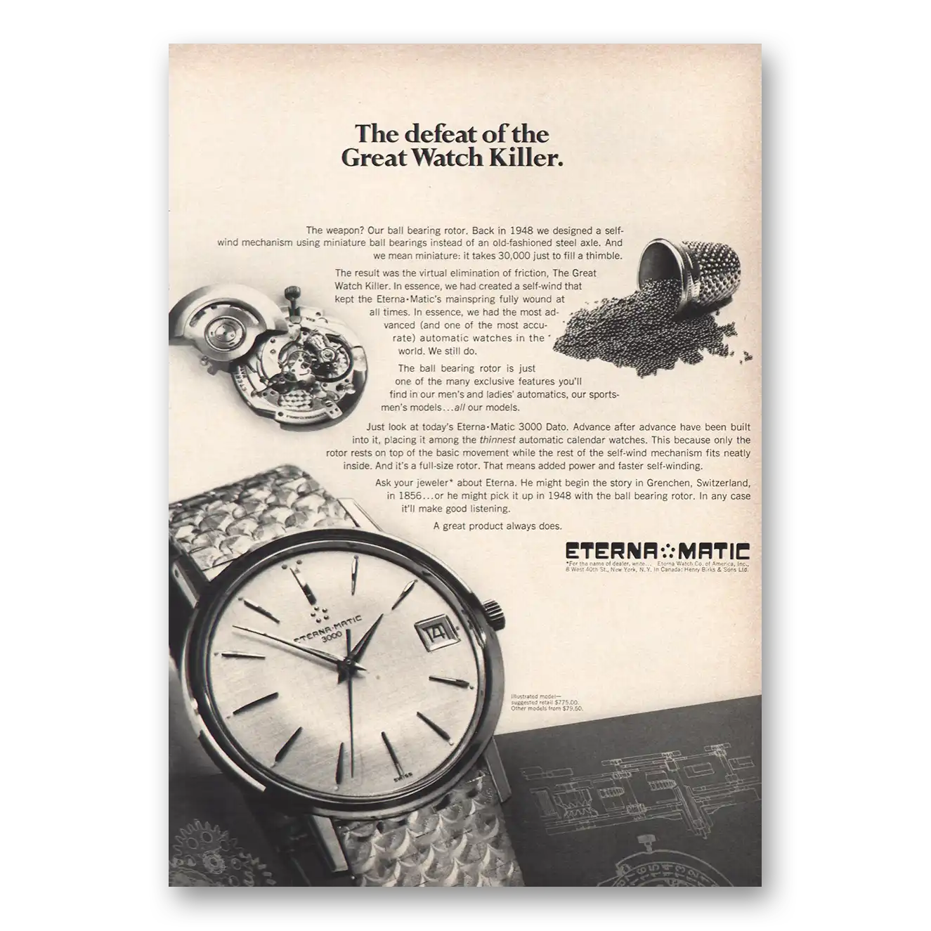 1967 Eterna Watch Eterna Matic Watch Defeat of the Great Watch Killer Vintage Magazine Print Ad