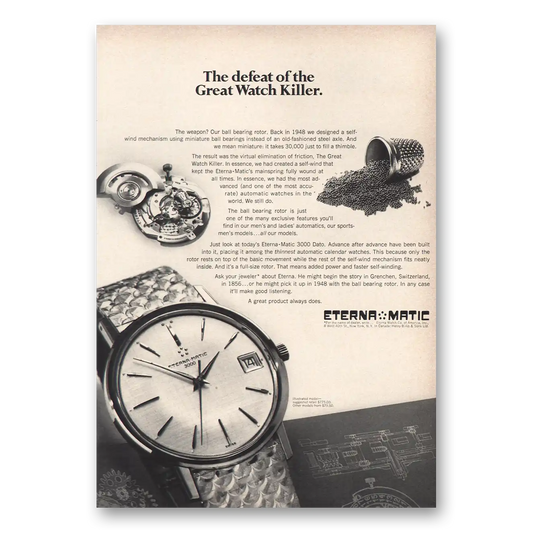 1967 Eterna Watch Eterna Matic Watch Defeat of the Great Watch Killer Vintage Magazine Print Ad