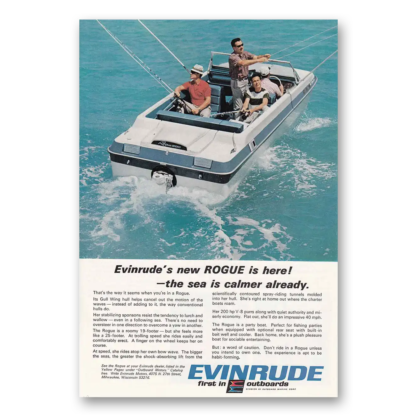 1967 Evinrude Rogue The Sea Is Calmer Already Vintage Magazine Print Ad