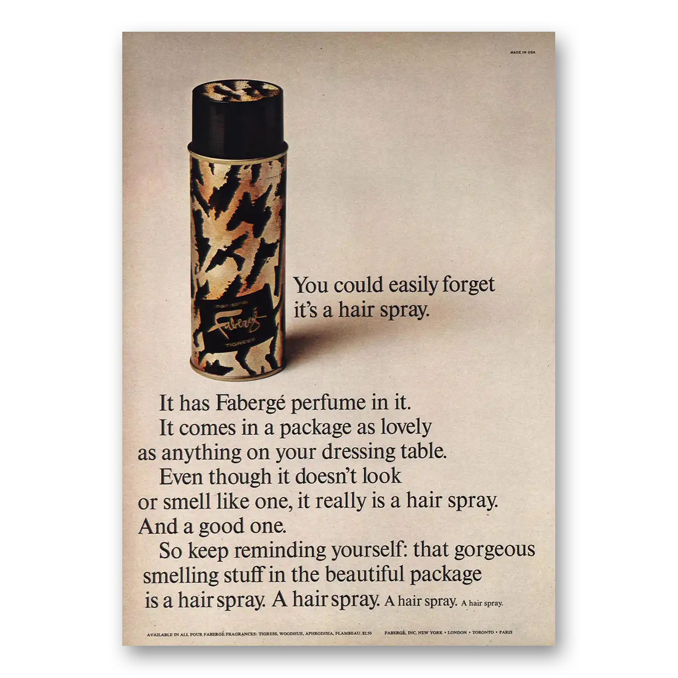 1967 Faberge Easily Forget Its Hair Spray Vintage Magazine Print Ad