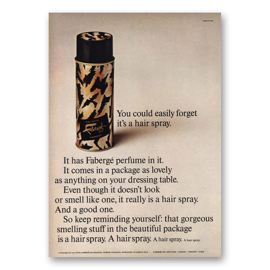 1967 Faberge Easily Forget Its Hair Spray Vintage Magazine Print Ad