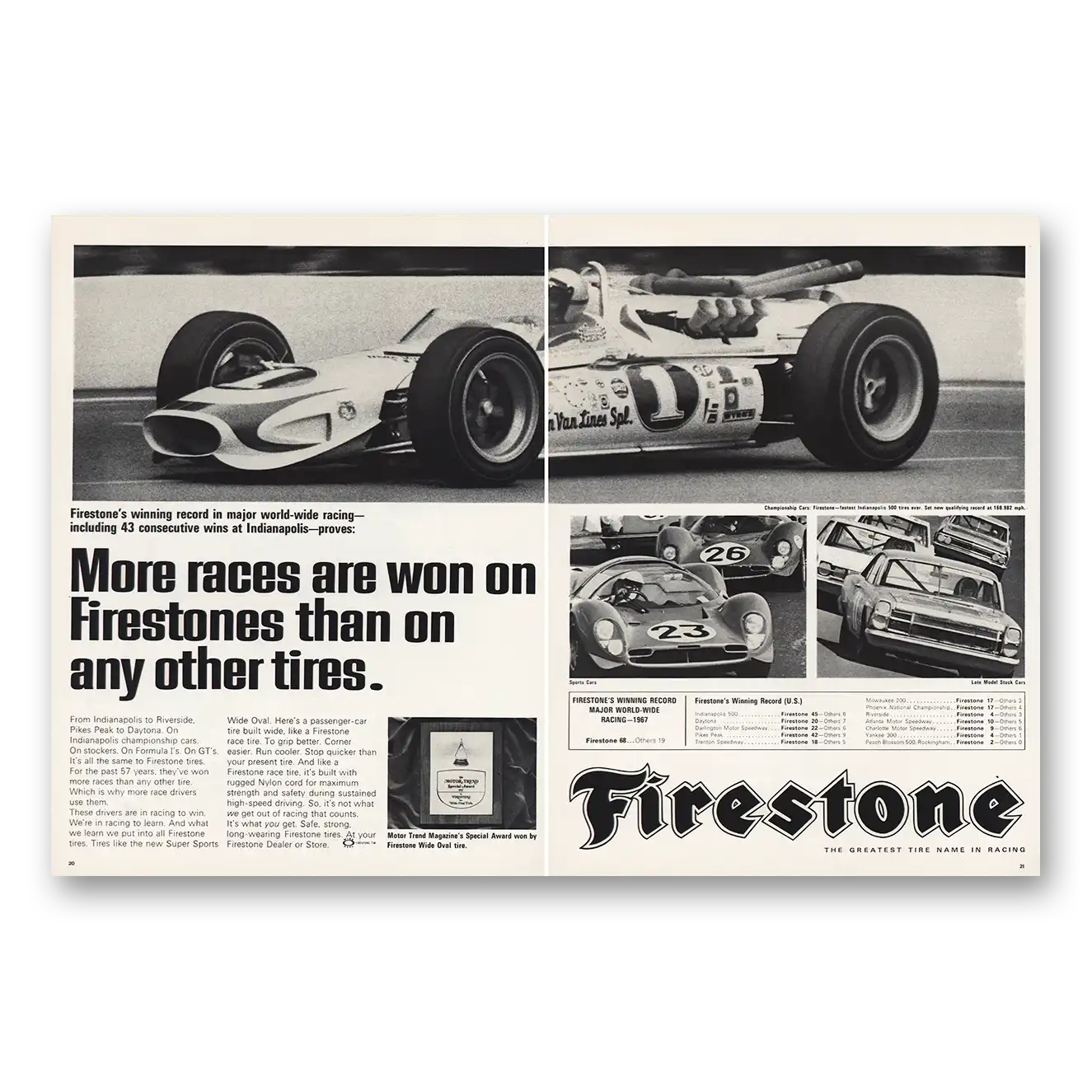 1967 Firestone Tires Indianapolis More Races Are Won Vintage Magazine Print Ad