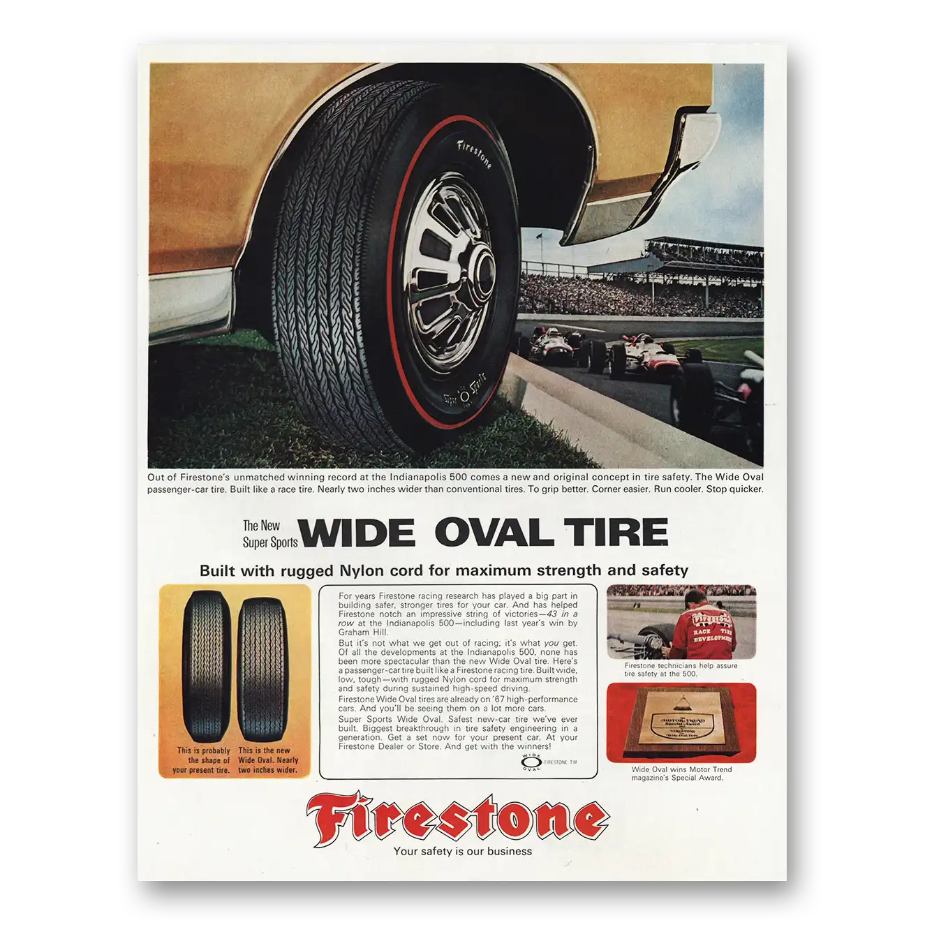 1967 Firestone Tires Wide Oval Tire Indianapolis 500 Vintage Magazine Print Ad