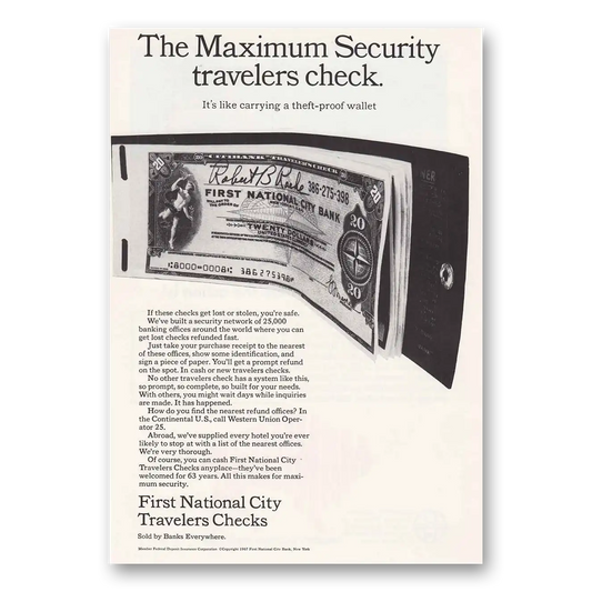 1967 First National City Bank Travelers Checks Maximum Vintage Magazine Print Ad