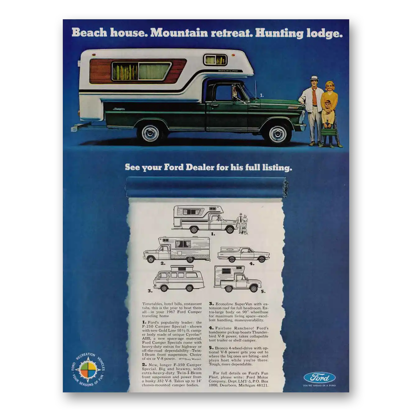 1967 Ford Camper Beach House Mountain Retreat Hunting Lodge Vintage Magazine Print Ad