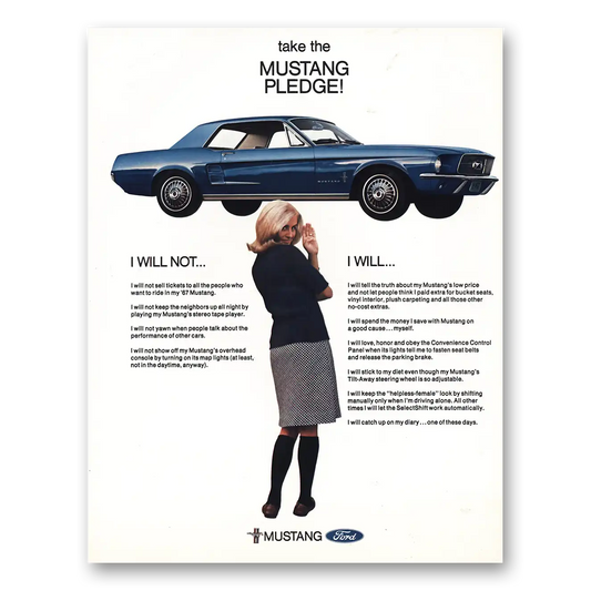 1967 Ford Mustang Take the Mustang Pledge Vintage Magazine Print Ad