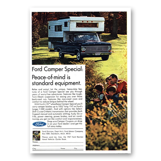 1967 Ford Camper Peace of Mind Is Standard Equipment Vintage Magazine Print Ad