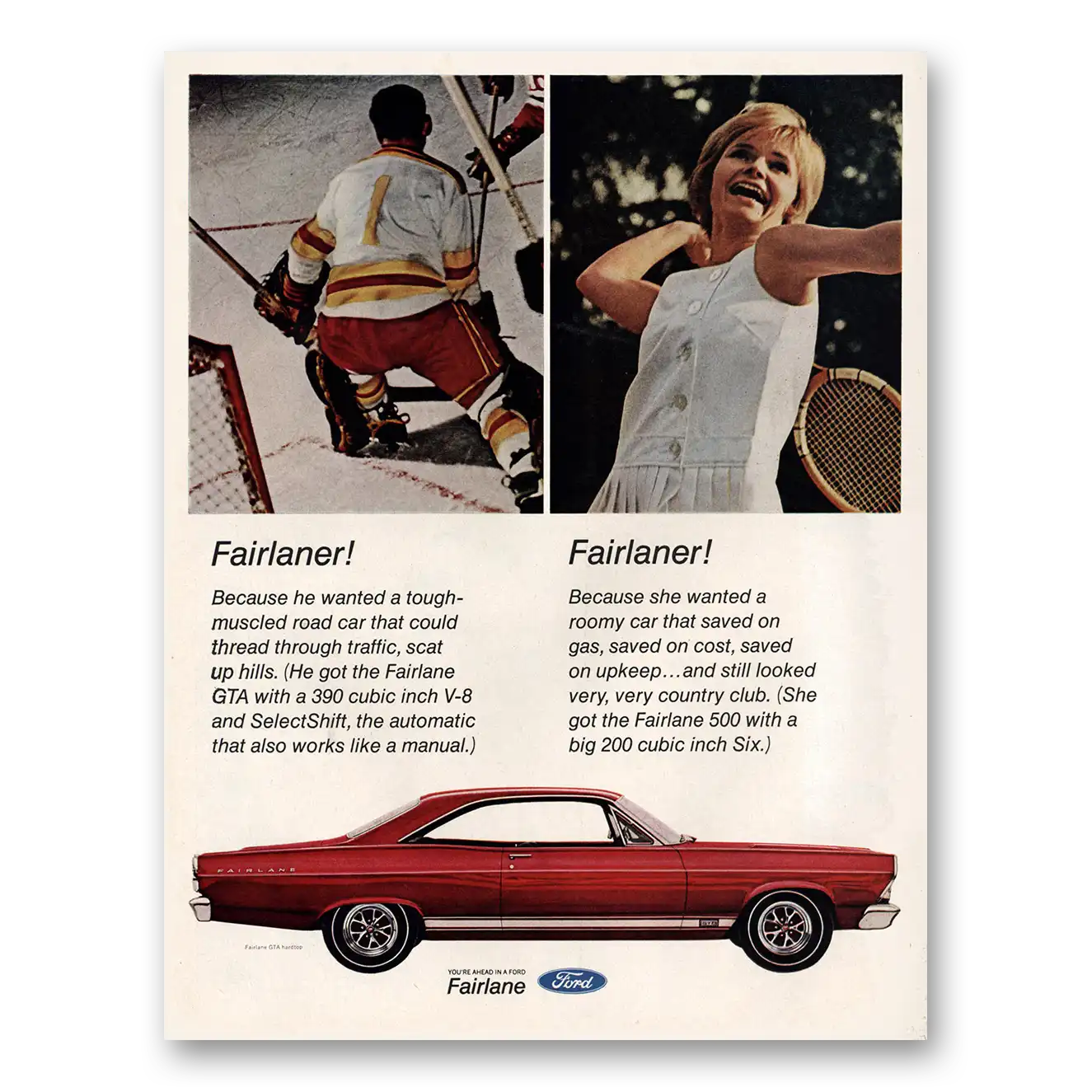 1967 Ford Fairlane Fairlaner Hockey Tennis Vintage Magazine Print Ad