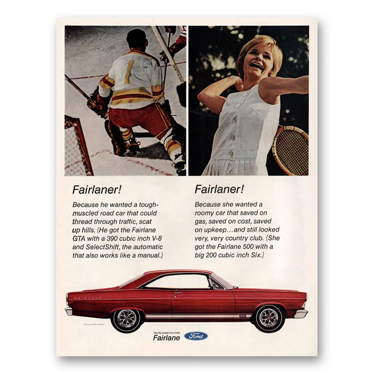 1967 Ford Fairlane Fairlaner Hockey Tennis Vintage Magazine Print Ad