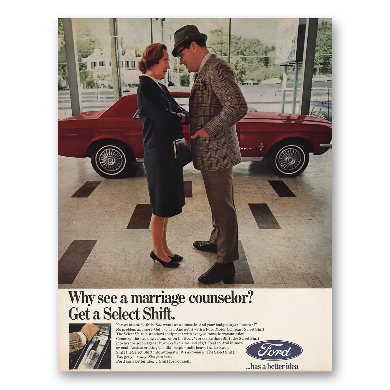 1967 Ford Mustang Marriage Counselor Get a Select Shift Vintage Magazine Print Ad