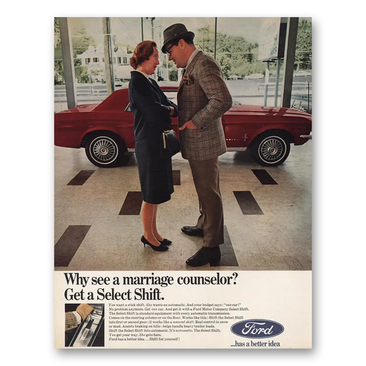 1967 Ford Mustang Marriage Counselor Get a Select Shift Vintage Magazine Print Ad