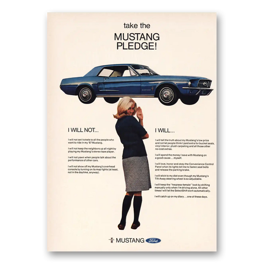 1967 Ford Mustang Take the Pledge Vintage Magazine Print Ad