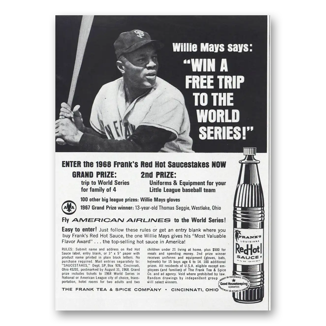 1967 Franks Red Hot Sauce Willie Mays World Series Vintage Magazine Print Ad