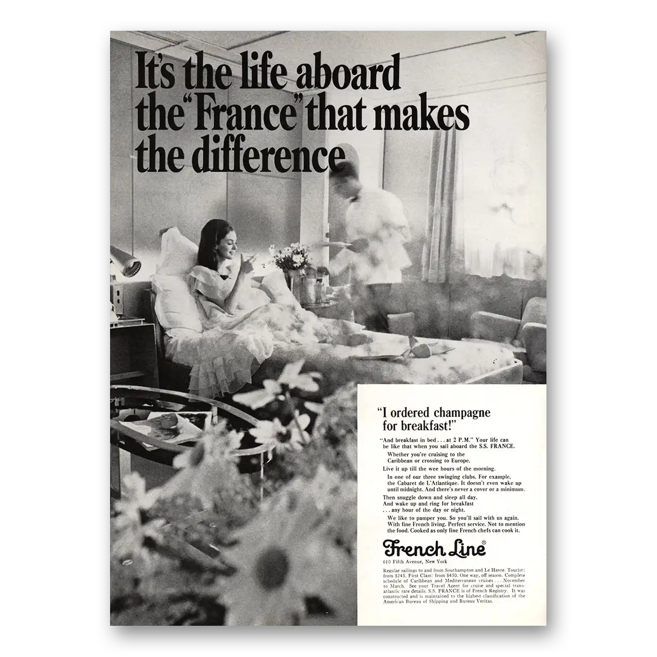 1967 French Line Champagne for Breakfast Vintage Magazine Print Ad