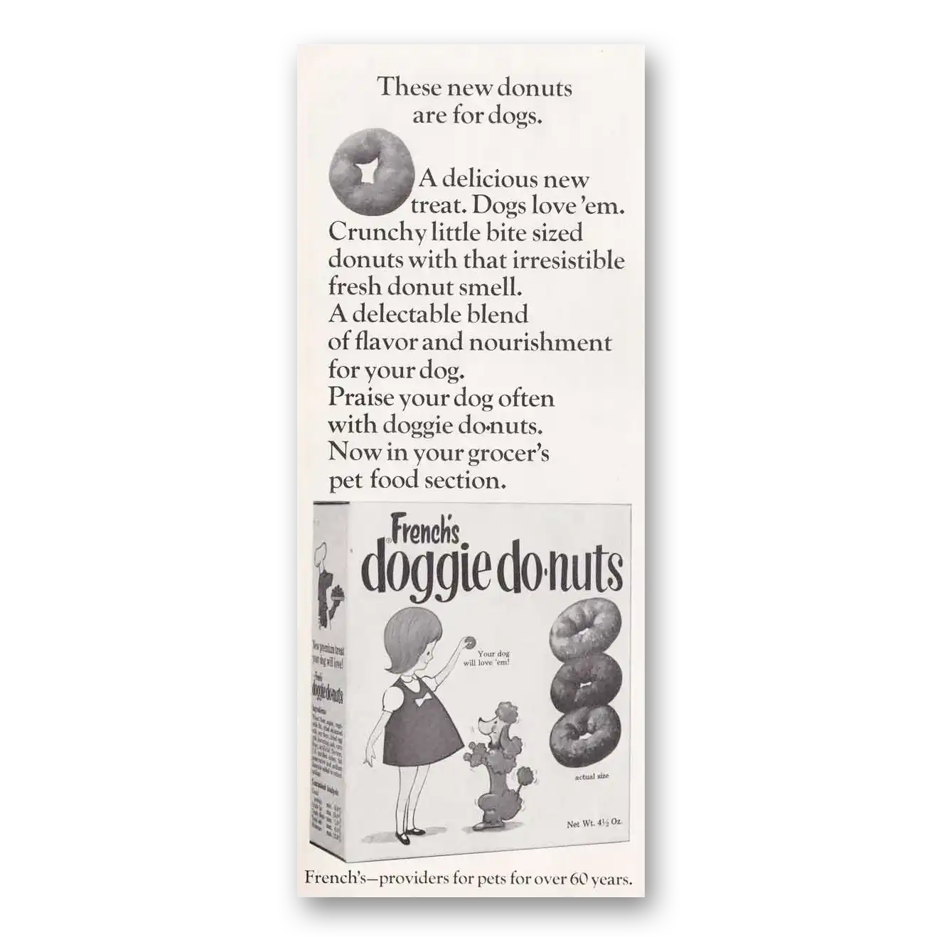 1967 Frenchs Doggie Donuts New Donuts are For Dogs Vintage Magazine Print Ad