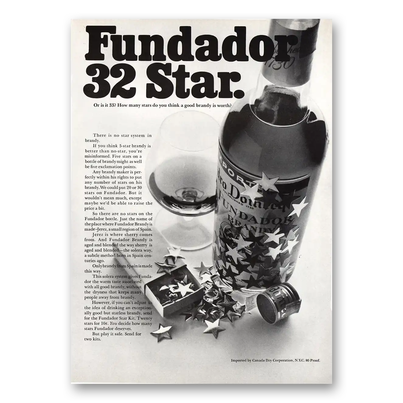 1967 Fundador 32 Star No Star System In Brandy Vintage Magazine Print Ad