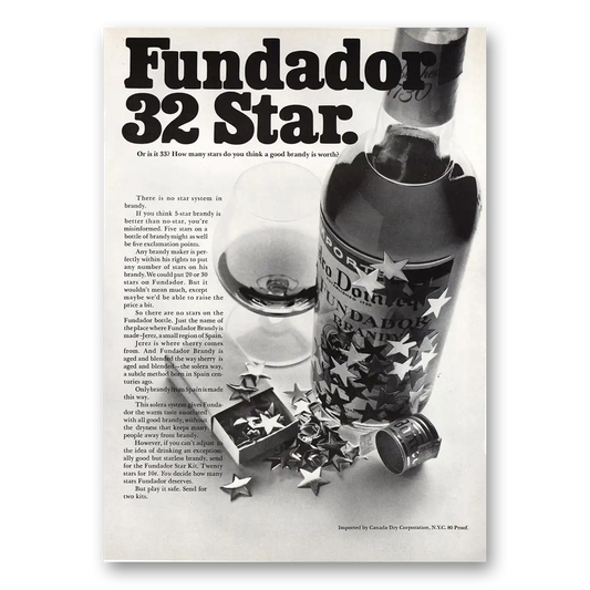 1967 Fundador 32 Star No Star System In Brandy Vintage Magazine Print Ad