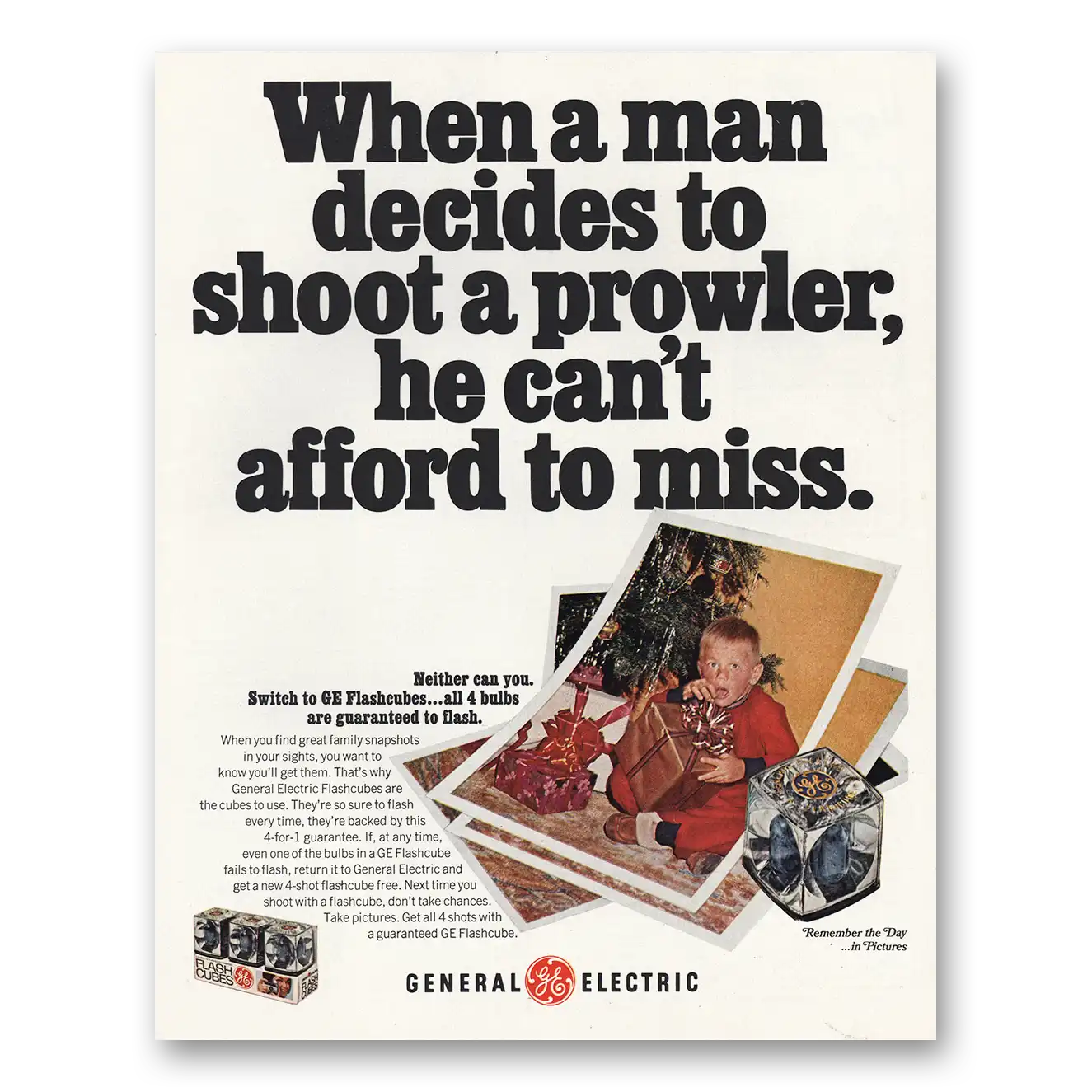 1967 General Electric Flashcubes When Man Decides to Shoot Prowler Vintage Magazine Print Ad