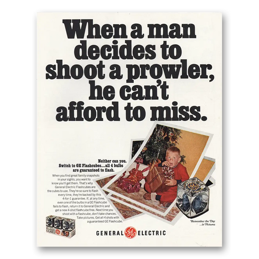 1967 General Electric Flashcubes When Man Decides to Shoot Prowler Vintage Magazine Print Ad