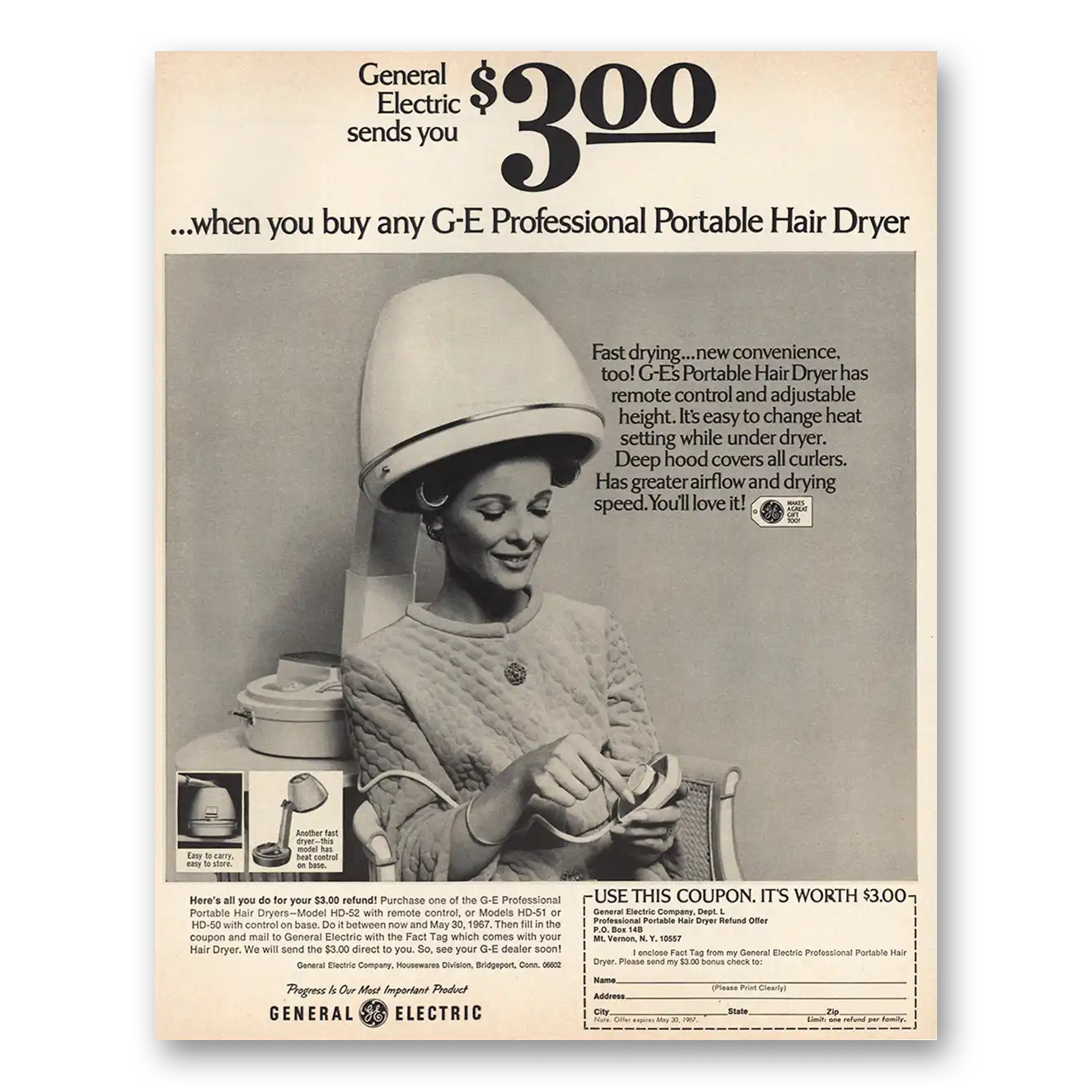 1967 GE Professional Portable Hair Dryer Fast Drying Vintage Magazine Print Ad