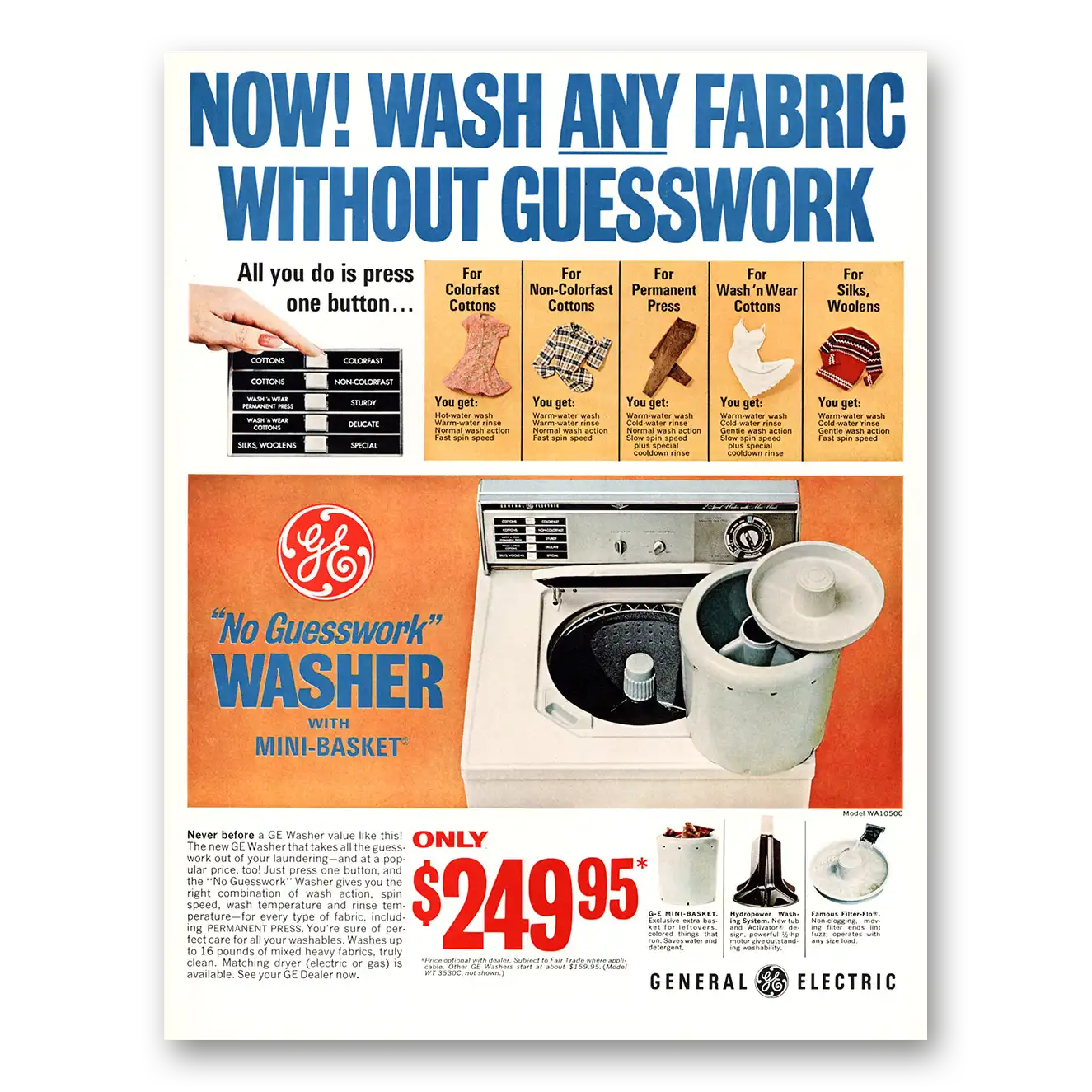 1967 General Electric Washer Wash Any Fabric Without Guesswork Vintage Magazine Print Ad