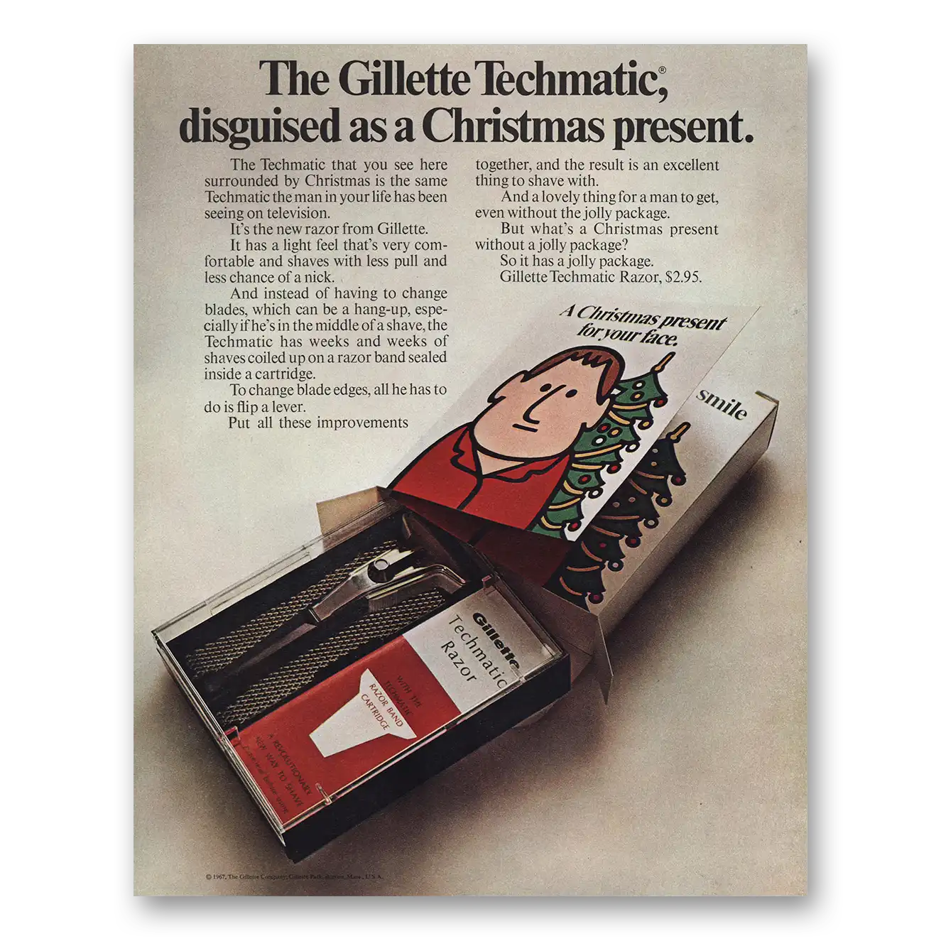 1967 Gillette Techmatic Razor Disguised as Christmas Present Vintage Magazine Print Ad