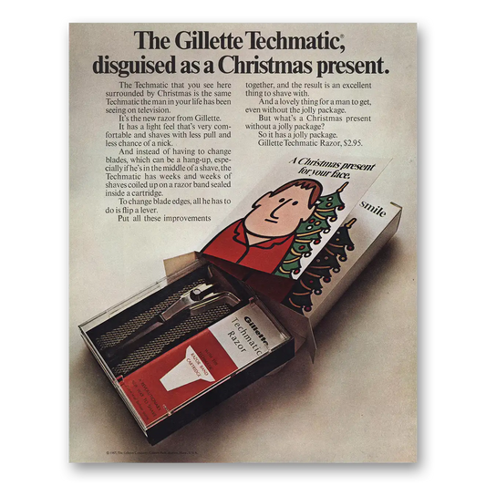 1967 Gillette Techmatic Razor Disguised as Christmas Present Vintage Magazine Print Ad