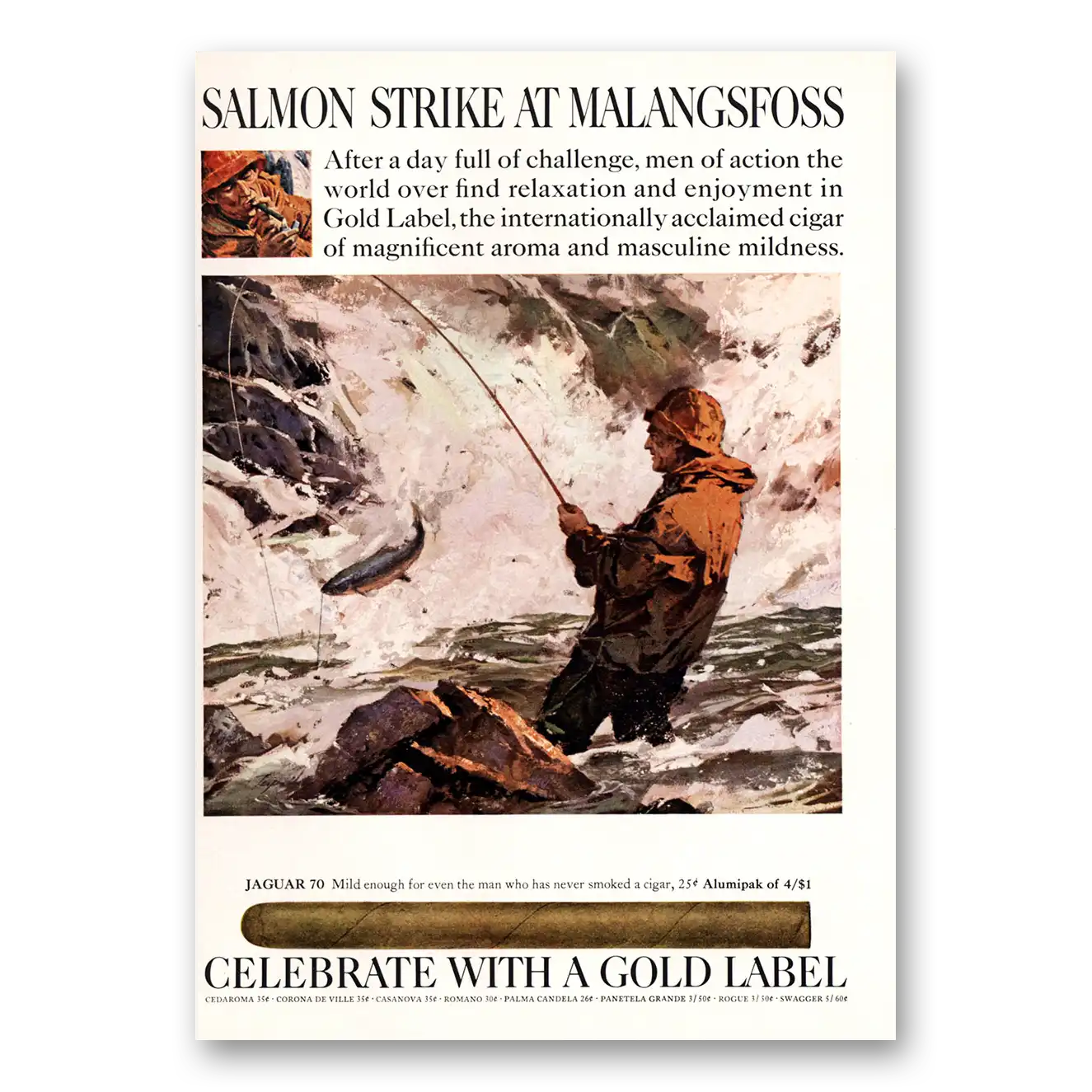 1967 Gold Label Cigars Salmon Strike at Malangsfoss Vintage Magazine Print Ad