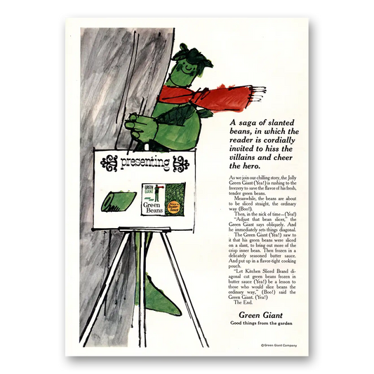 1967 Green Giant Hiss the Villains Cheer the Hero Vintage Magazine Print Ad