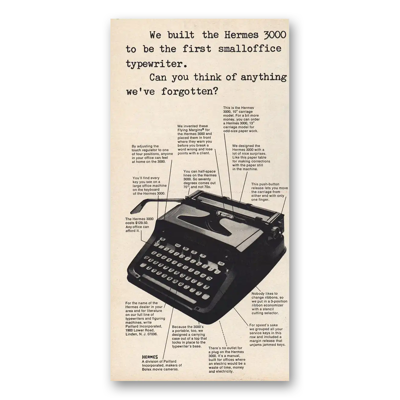 1967 Hermes First Small office Typewriter Vintage Magazine Print Ad