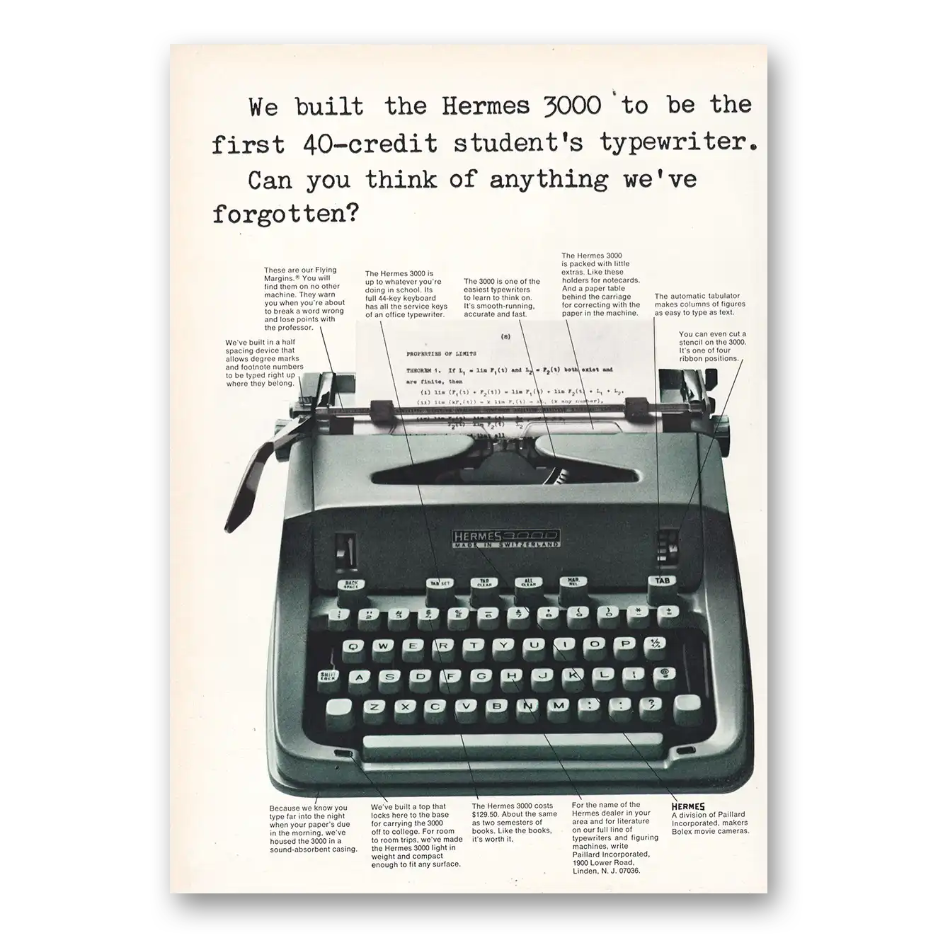 1967 Hermes 40 Credit Students Typewriter Vintage Magazine Print Ad