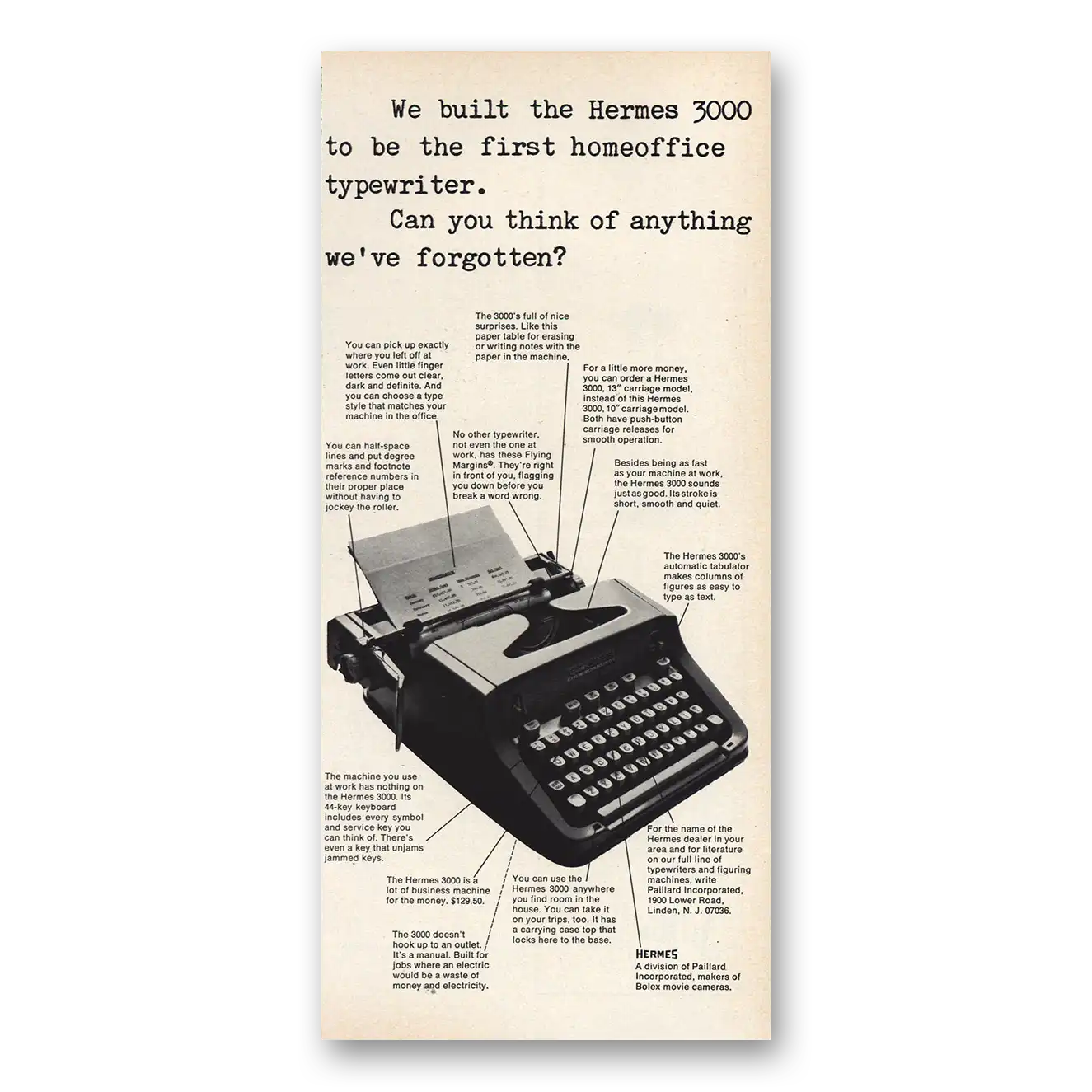 1967 Hermes First Homeoffice Typewriter Vintage Magazine Print Ad