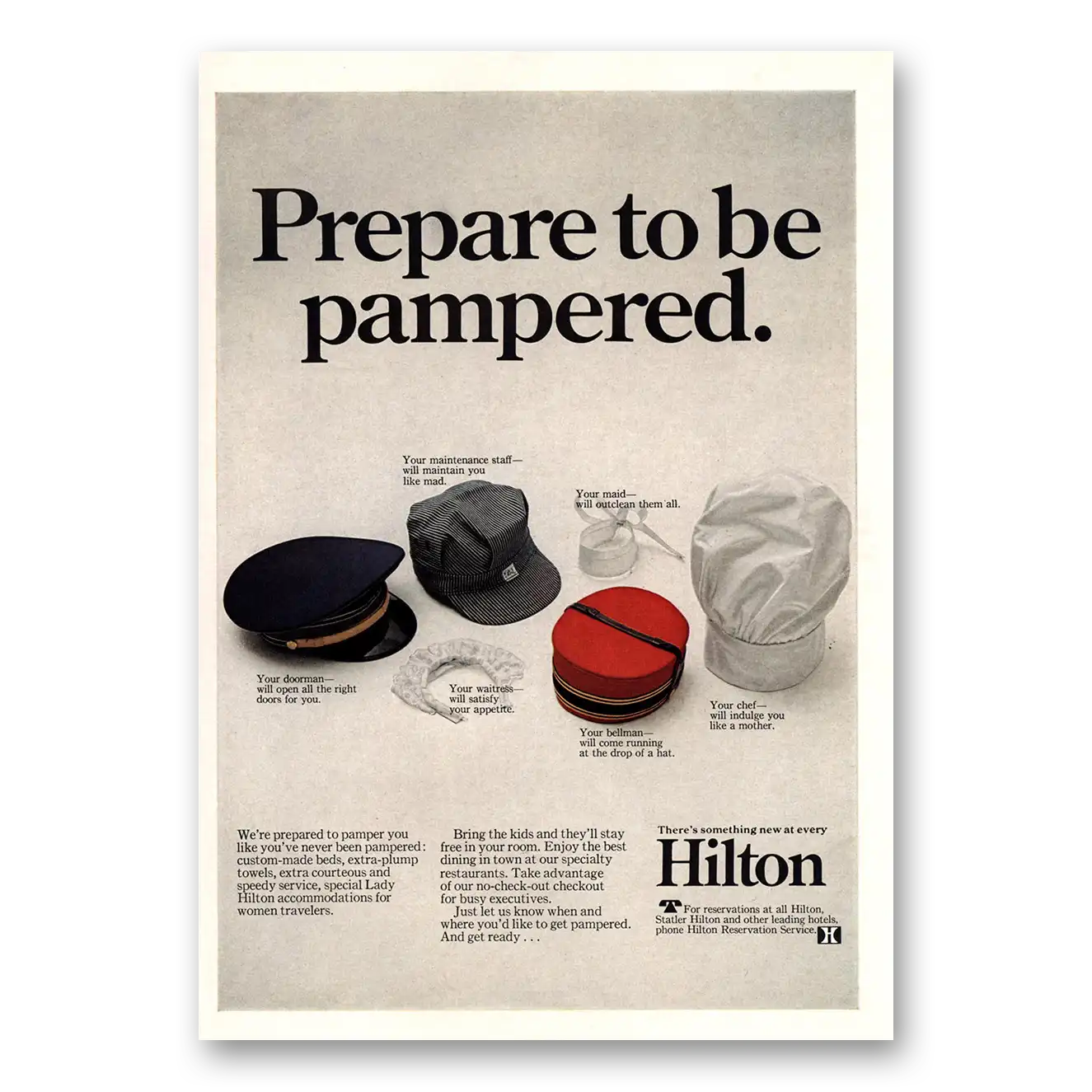 1967 Hilton Hotels Prepare to Be Pampered Vintage Magazine Print Ad