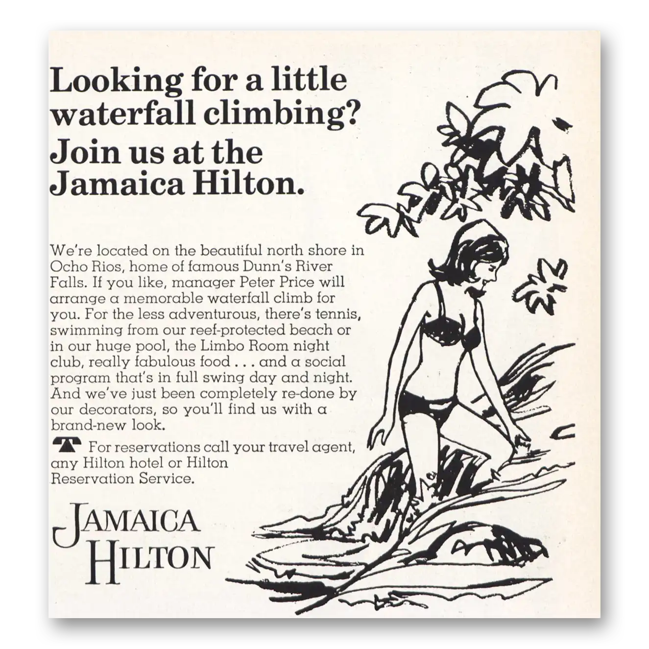 1967 Hilton Hotels Little Waterfall Climbing Vintage Magazine Print Ad