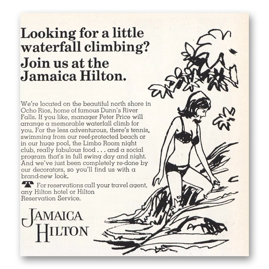 1967 Hilton Hotels Little Waterfall Climbing Vintage Magazine Print Ad