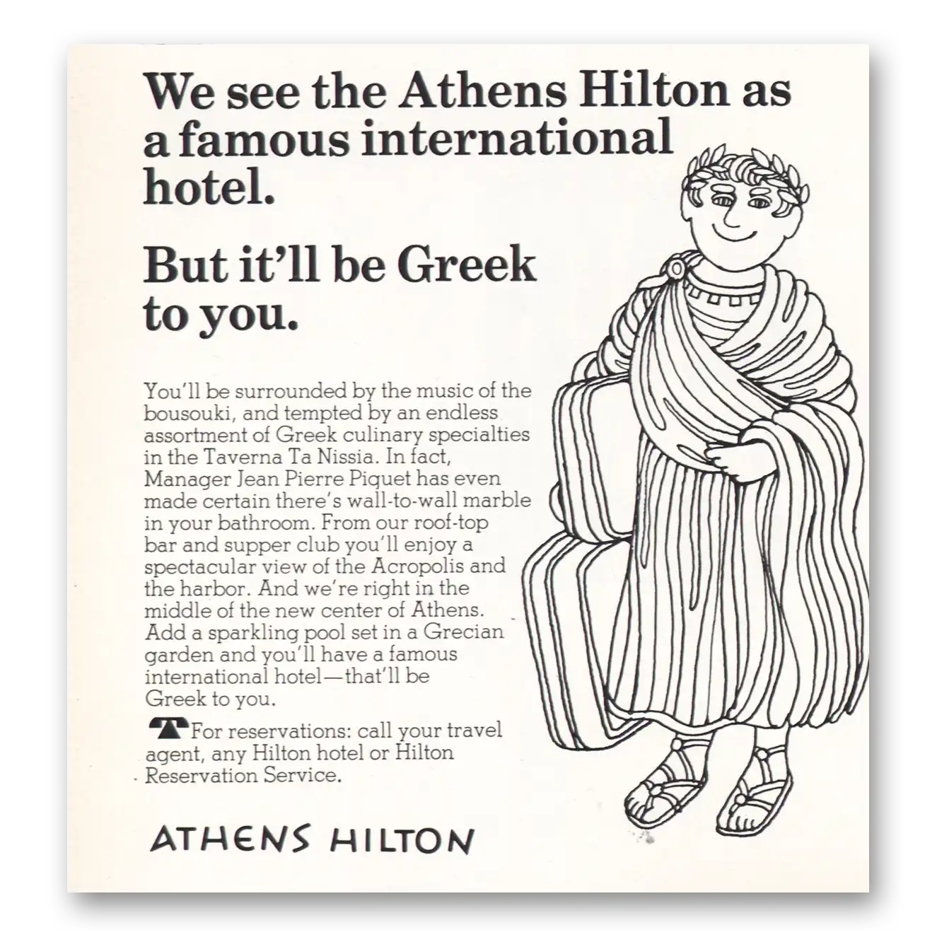 1967 Hilton Hotels Greek To You Vintage Magazine Print Ad