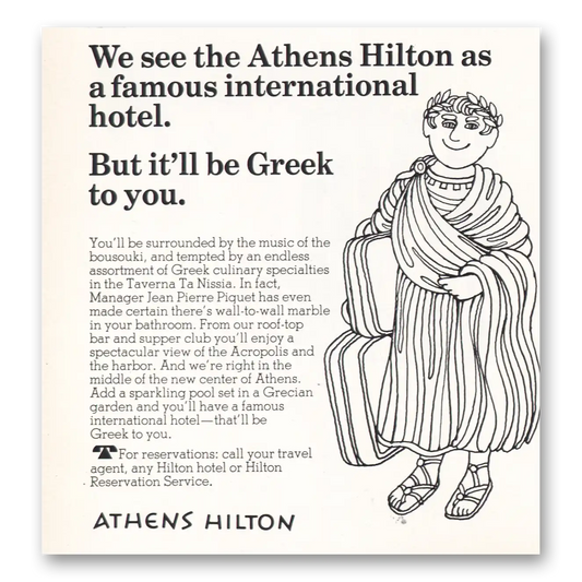 1967 Hilton Hotels Greek To You Vintage Magazine Print Ad