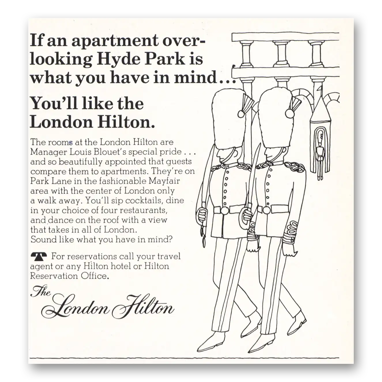 1967 Hilton Hotels Apartment Overlooking Hyde Park Vintage Magazine Print Ad