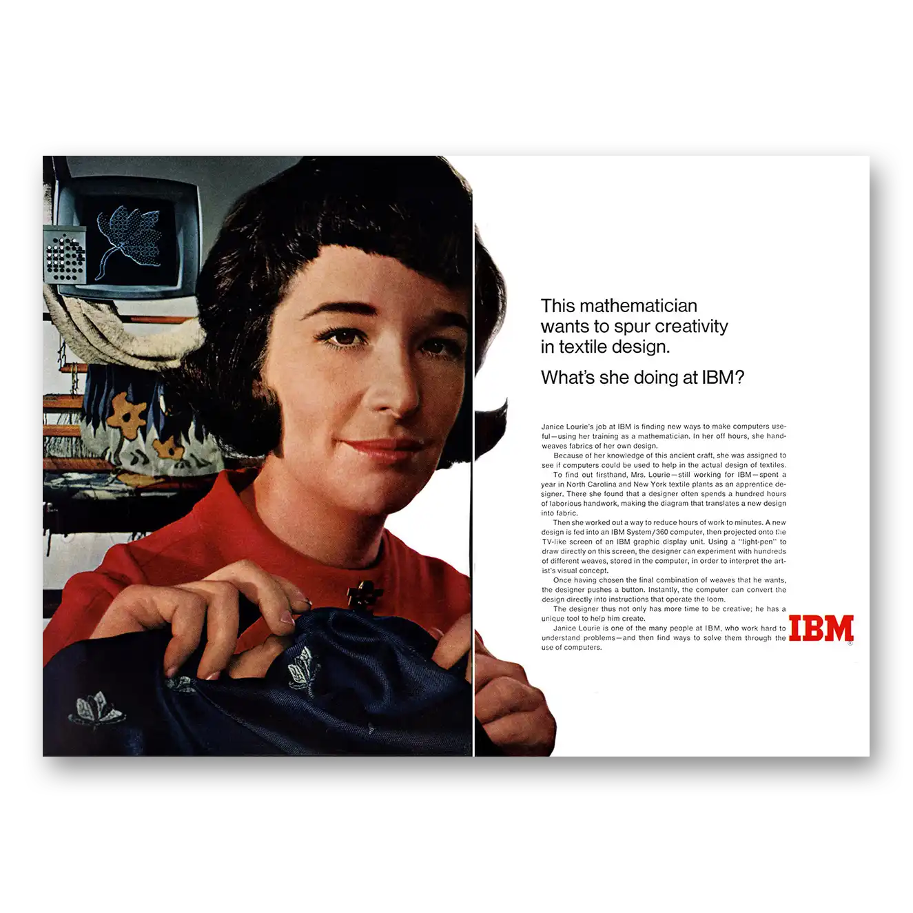 1967 IBM Computers Mathematician Wants to Spur Creativity Textile Vintage Magazine Print Ad