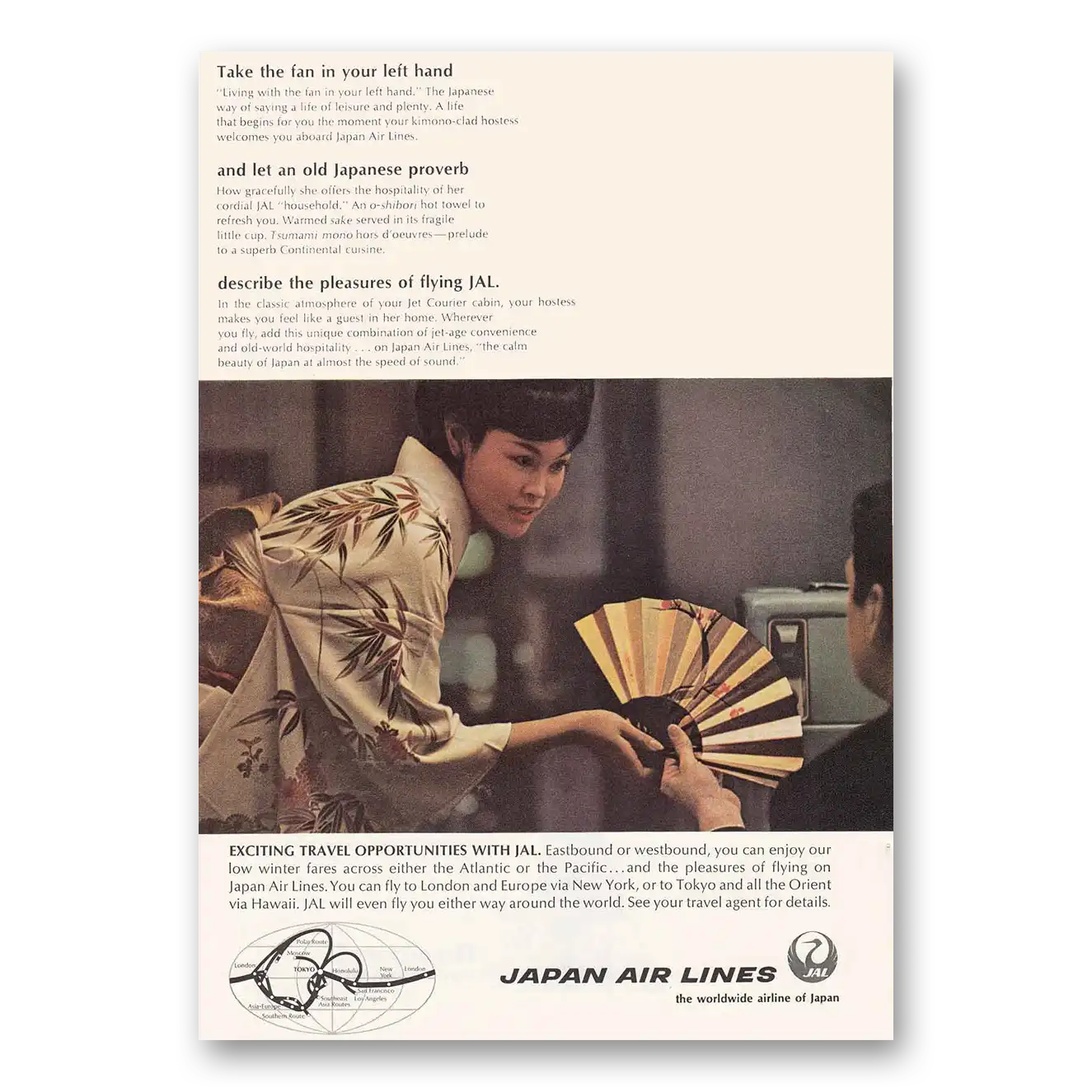 1967 Japan Air Lines Take the Fan In Your Left Hand Vintage Magazine Print Ad